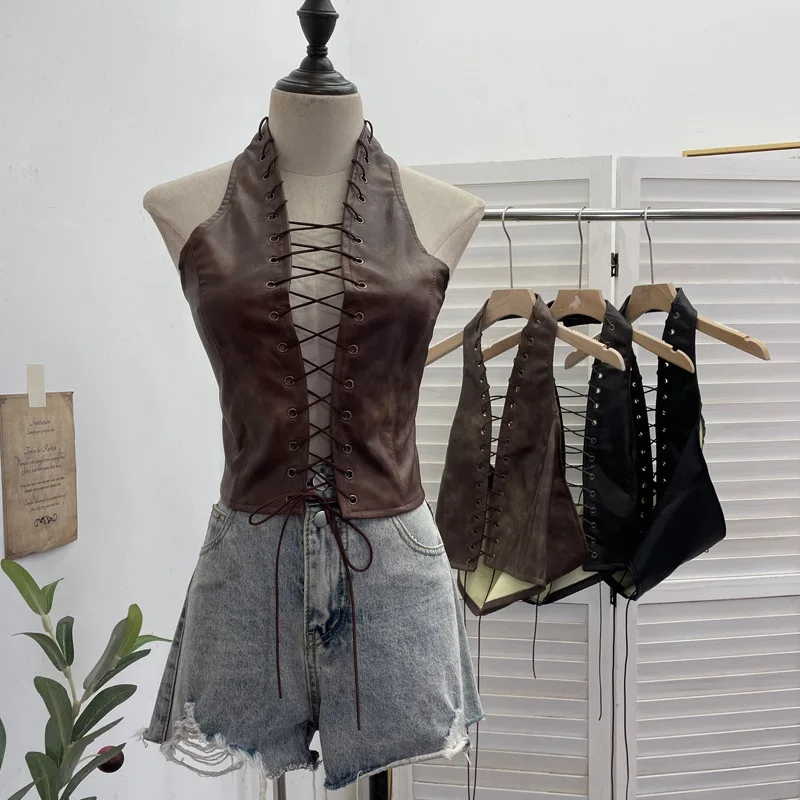 

Sexy Cut-out Strap Halter Neck PU Leather Camisole Backless Crop Top Women