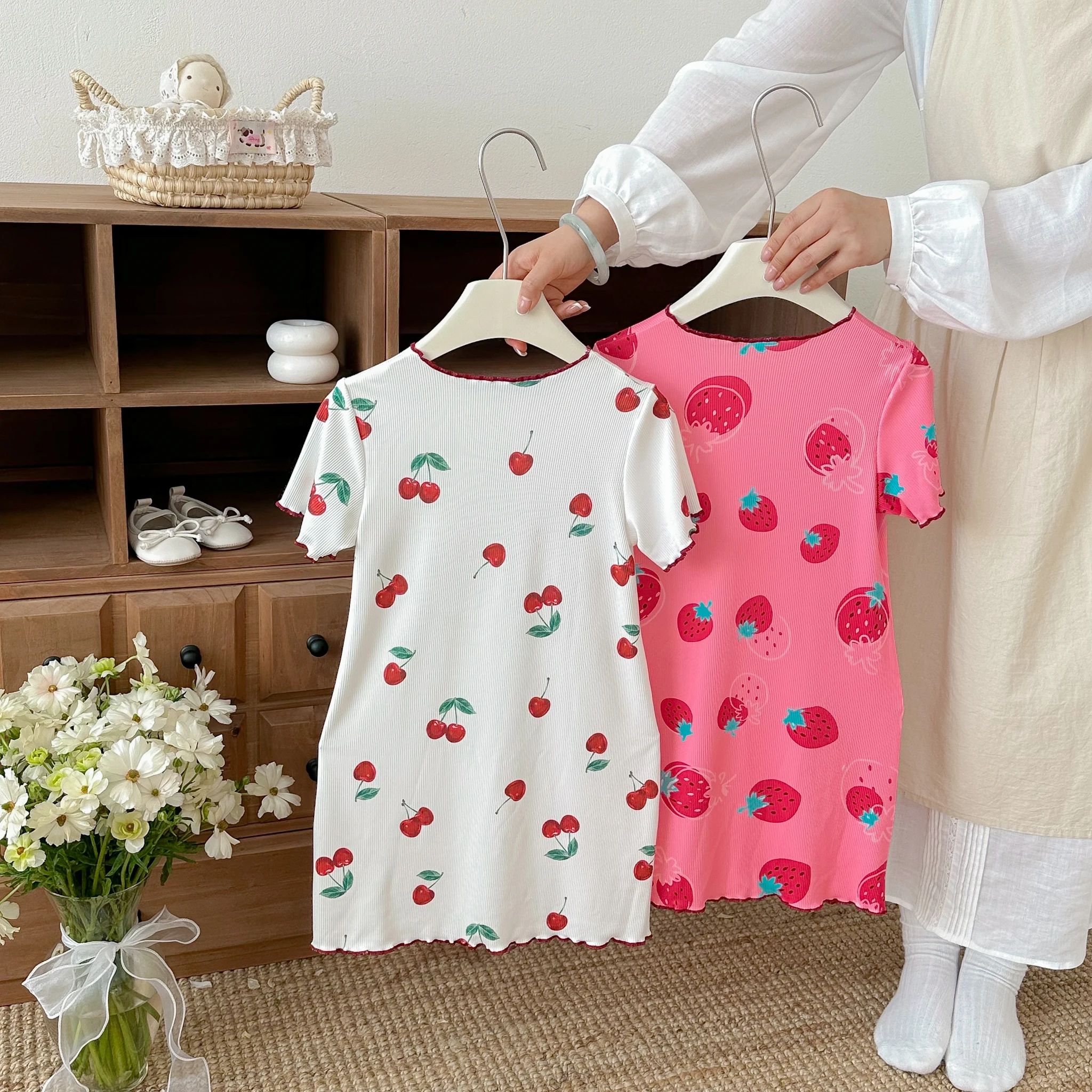 Summer Girls' Nightgown Baby Cherry Home Clothing Sleep Skirt Short-Sleeved Strawberry Dress Casual Outfit Two-Piece Set