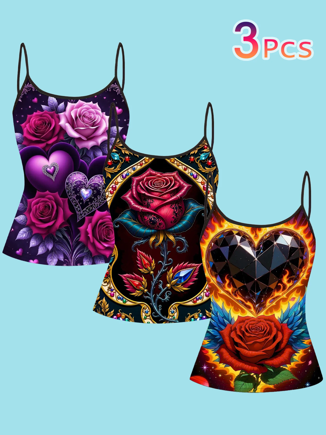 3-Piece Set of Vintage Elegant Rose Heart-Shaped Print Camisole Tops for Women, Summer Slim-Fit Spaghetti Strap Inner Wear with a Stylish Vibe