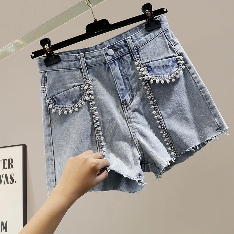 

Faionable High-Waist Wide-Leg ort Jeans with Beads Embelliment And Frayed Hemlines for Women Trendy Slimming Design