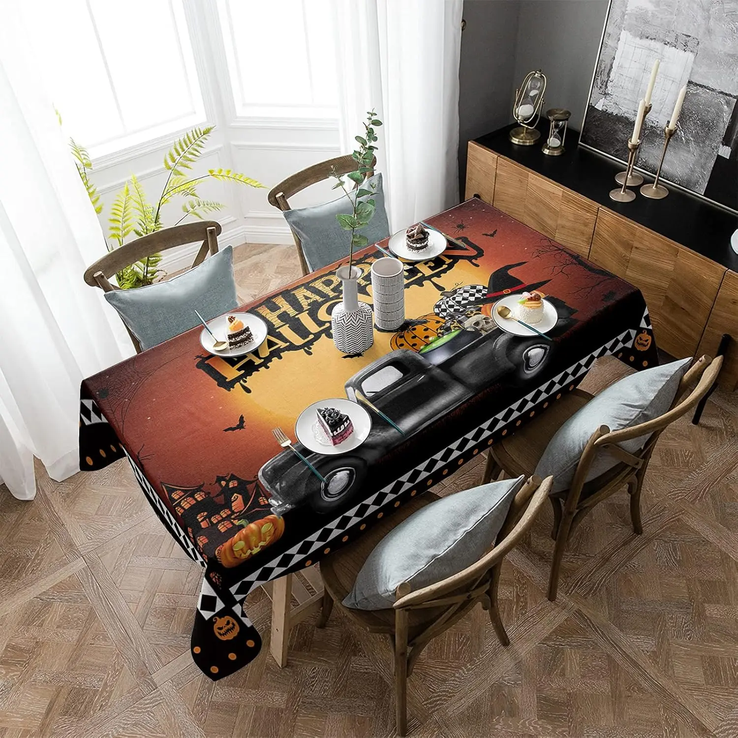 Halloween Truck Pumpkin Bat Waterproof Tablecloth Tabletop Decor Reusable Kitchen Dining Table Cloth Halloween Decorations
