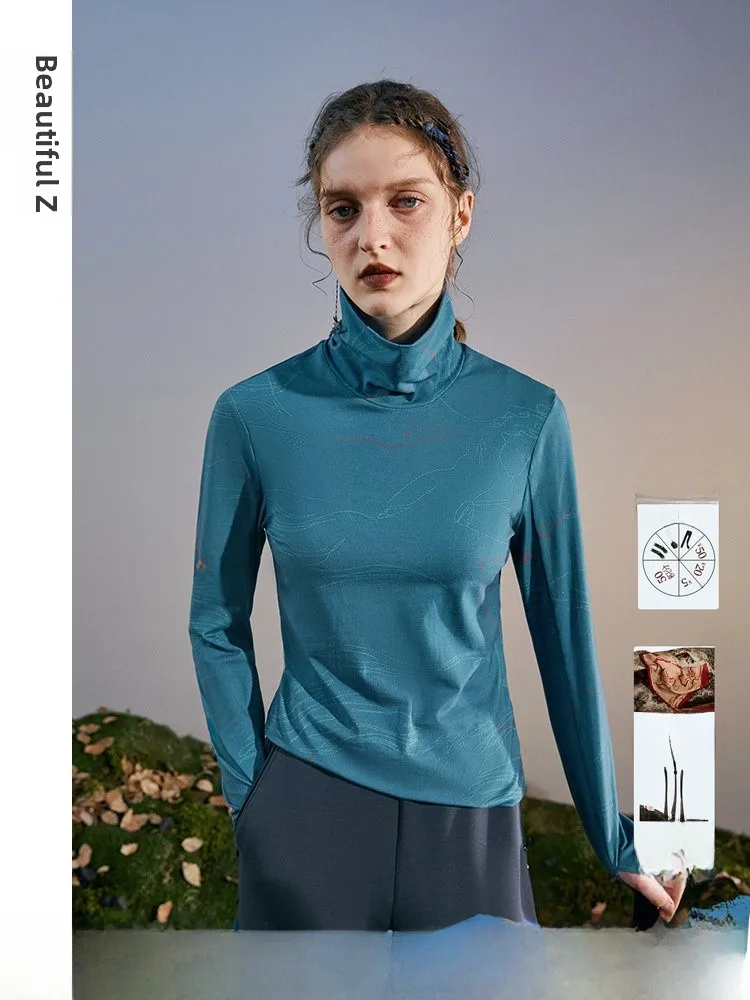 

Женская облегающая трикотажная футболка с высоким воротом и длинным рукавом, осенний дизайн, с принтом, для повседневной носки, из смесового хлопка