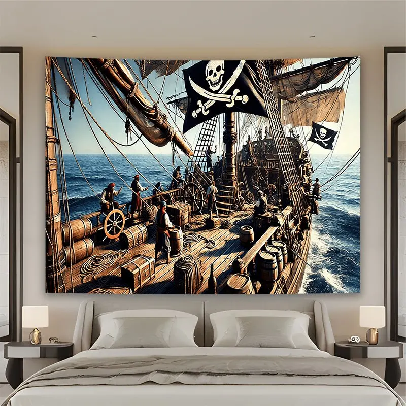 Massive Pirate Ship Tapestry Wall Art Canvas Nautical Decor Skull and Crossbones Hanging Print 180x320cm Adventure Pirate Room W