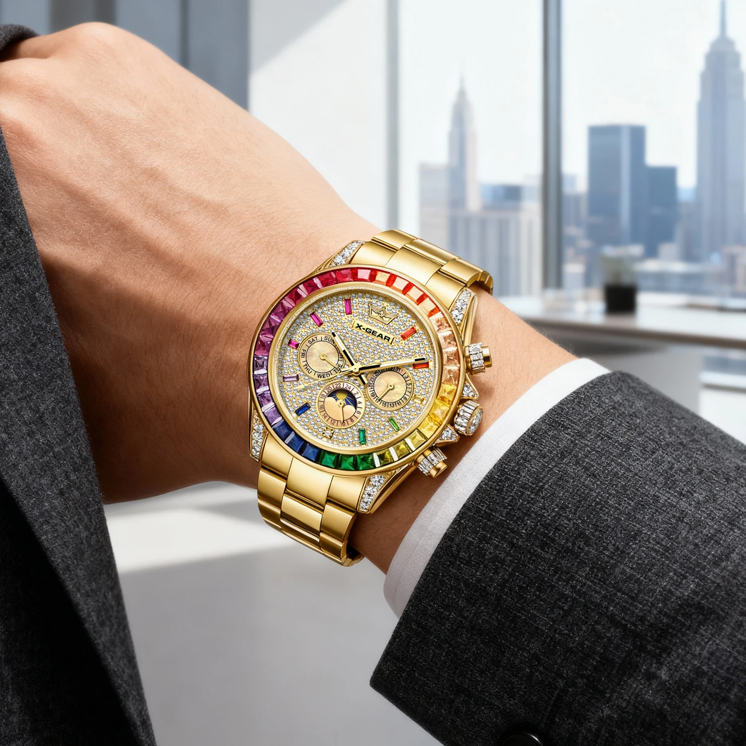 ساعة X-GEAR الفاخرة الأوتوماتيكية الميكانيكية للرجال مع مرحلة القمر، قرص كبير، مقاومة للماء، لون ذهبي، ساعة مضيئة