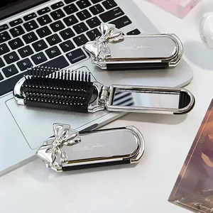 ピンクスライバー弓折り鏡折りミラーエアクッションコームダイヤモンドブリングラインストーン化粧品旅行ポケットヘアブラシメイクアップツール 10ベストセールスピンクヘアブラシ-3