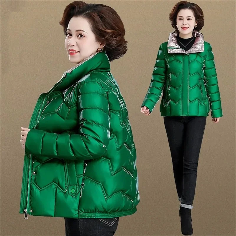 5XL Winter Down Cotton Jacket Women Pearly Glossy Parka Jacket For Mothers Padded-Cotton jacket Outside Thick Warm Jacket Green