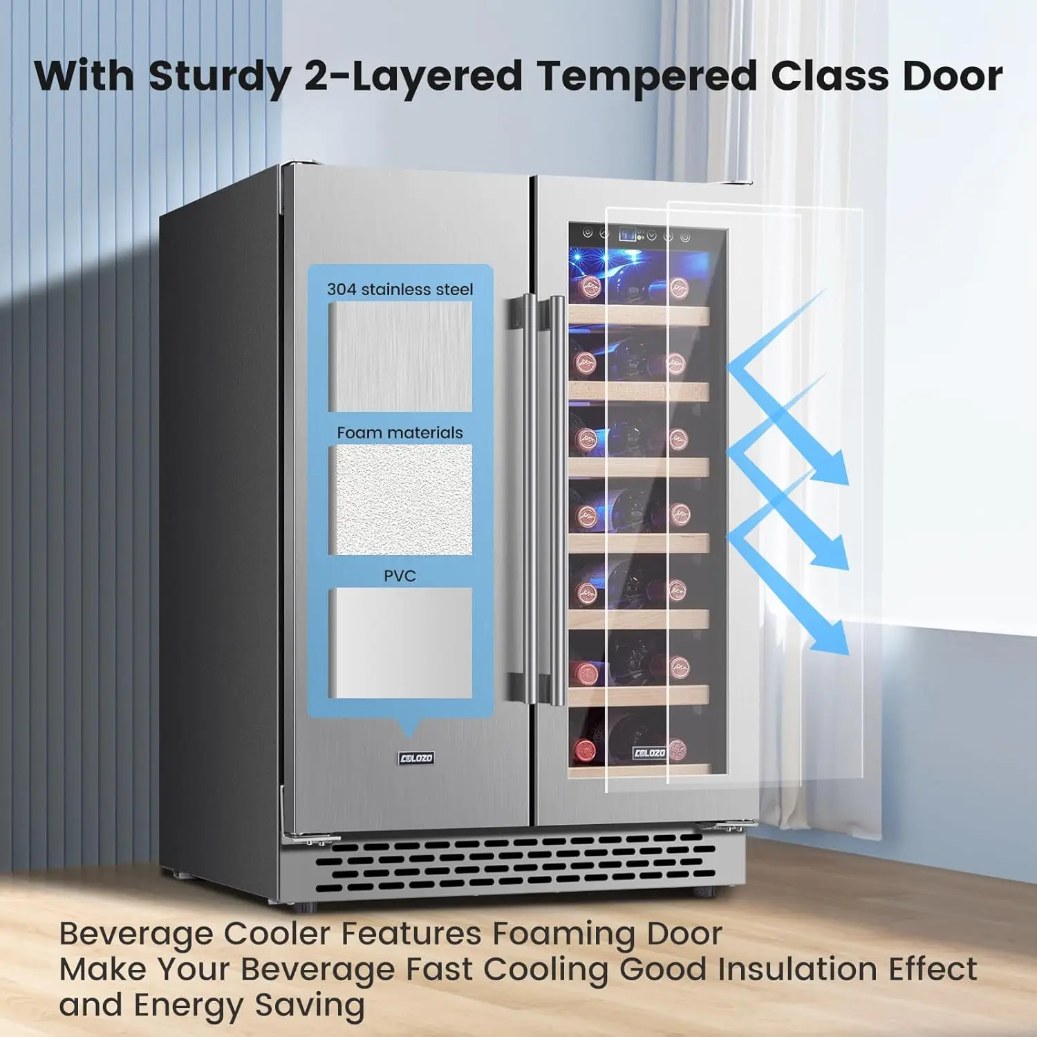 Refrigerador da bebida do refrigerador do vinho, refrigerador do vinho 24 "com controle de temperatura digital da duplo-zona, Portas dianteiras de vidro