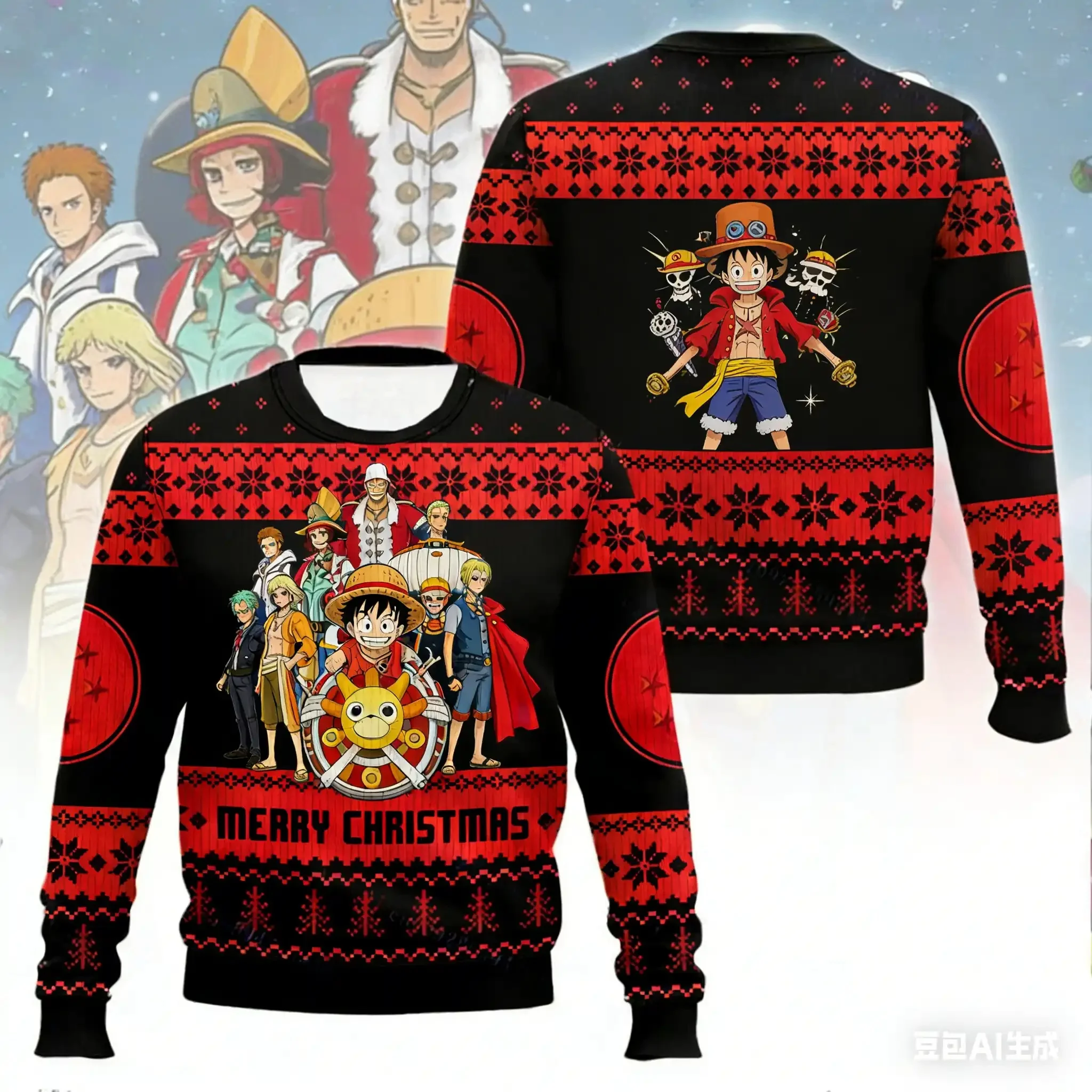 2526 뉴 어글리 스웨터 후디 반다이 애니메이션 원피스 루피와 몬치 퀵드라이 스포츠 저지 크리스마스 가족 남성복