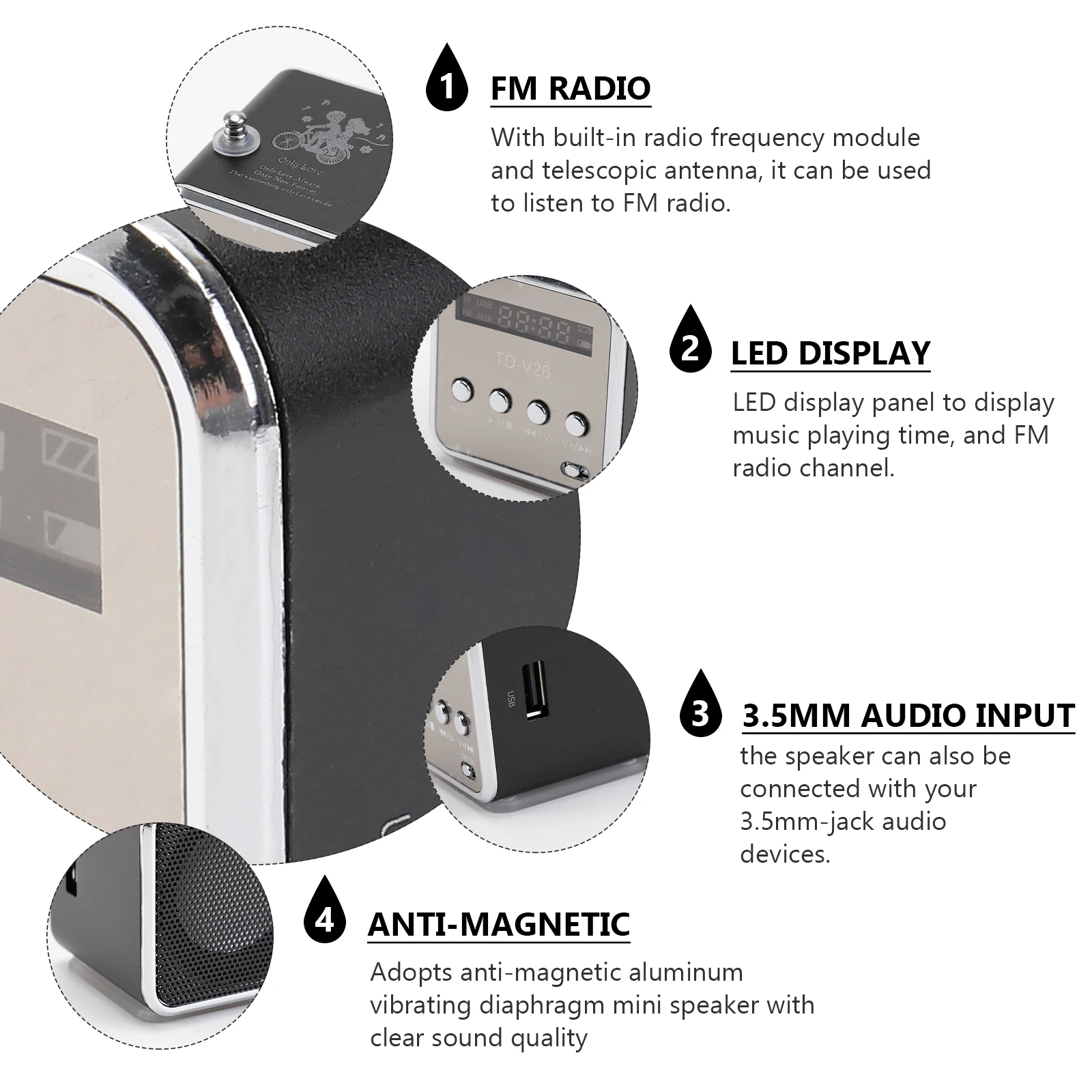 

Mini Digital Speaker Portable Mp3 Player Micro Usb Fm .5Mm Audio Input Led Display Light Aluminum