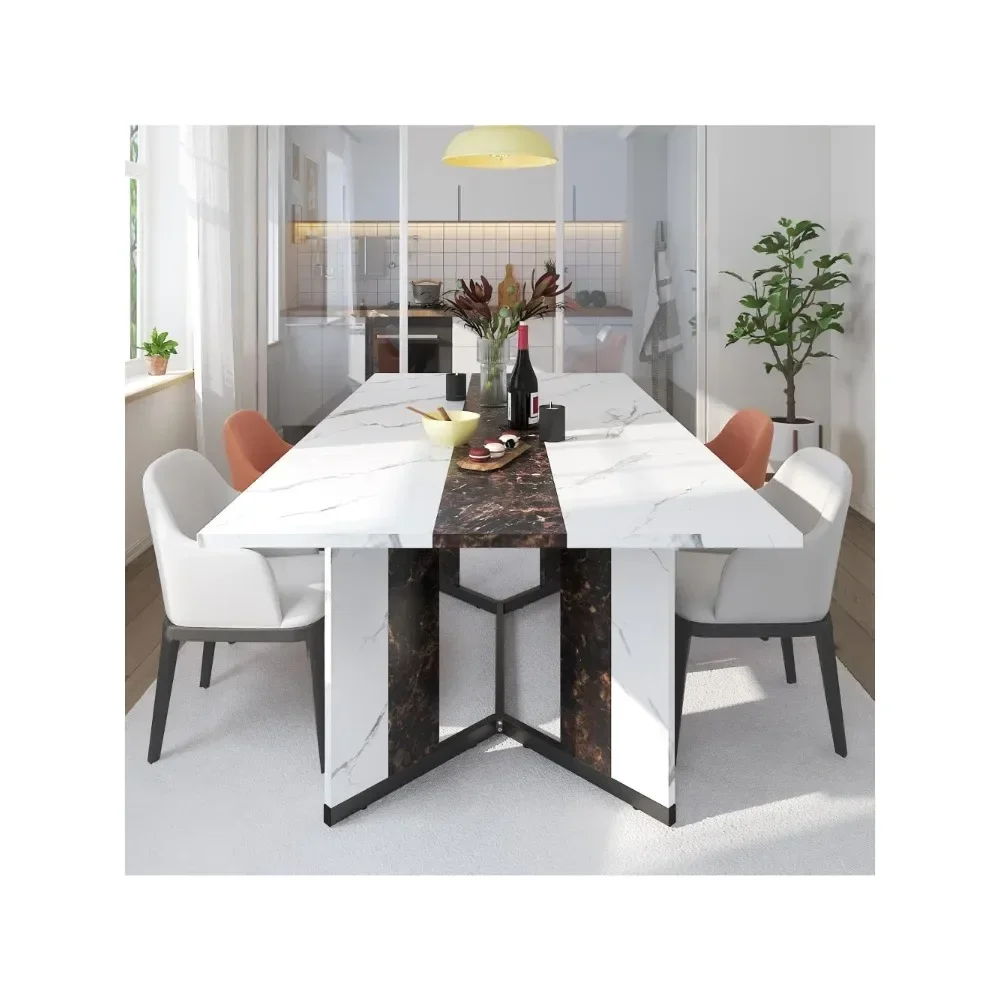 

71In Large Rectangular White Dining Table for 4 5 6 7 8 People w/35 Marble-Color Wood Watrproof Tabletop,Adjustable Leg.