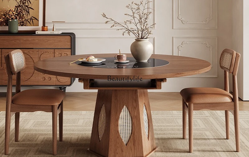 

French solid wood dining table household small apartment retro retractable variable round table