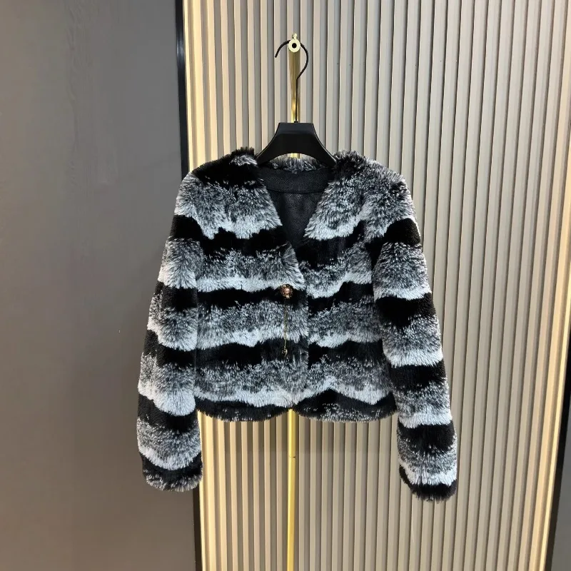 2025 Autumn Winter New Faux Fur Coat For Women's Black And White Striped Short Thickened Warm Long-sleeves Woolen Jacket Outwear