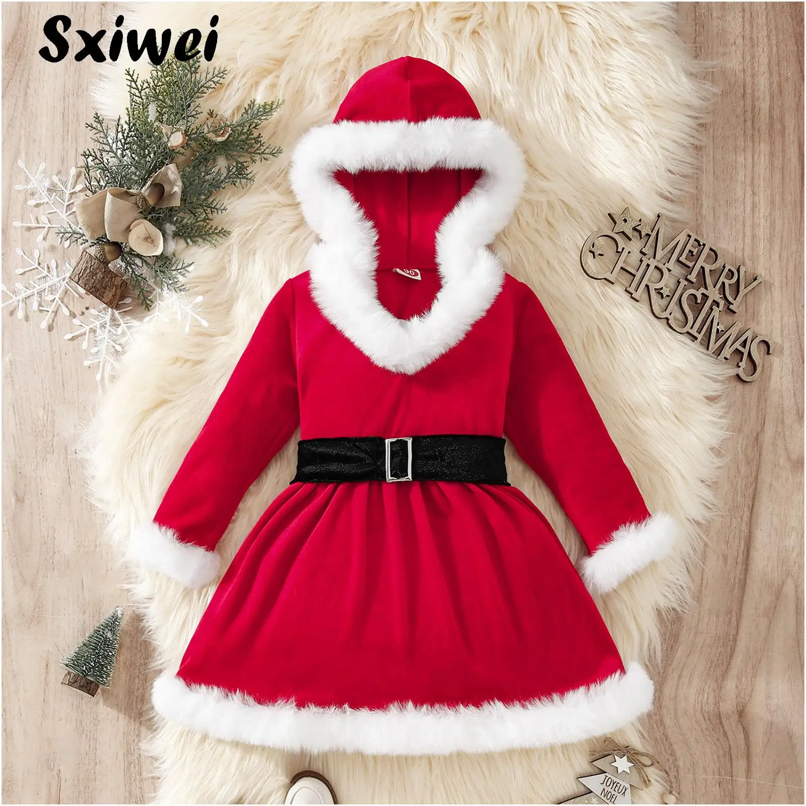 

Kids Girls Christmas Halloween Costumes Mrs Claus Santa Xmas Velvet Hooded Dress Xmas Party Santa Sweetie Cosplay Clothes Gift