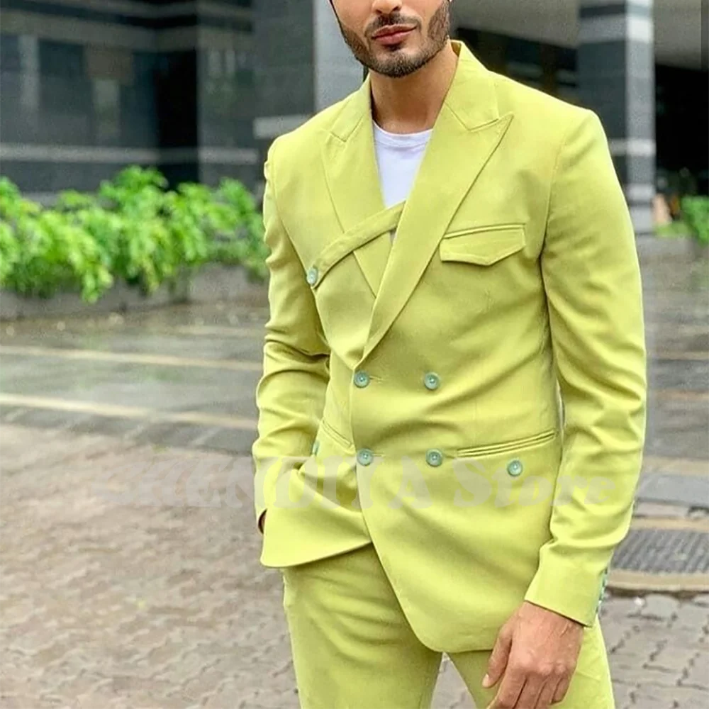 

Tailor-Made Solid Color Suit For Men Chic Peakde Lapel Slim Blazer Set Double Breasted Regular Fitted Smart Casual Male Suit