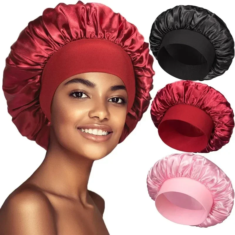 Women satin wide flaps night sleeping hat, unisex head wrap, elastic band cap, hair care cap, monochrome bonnets, sleeping hat