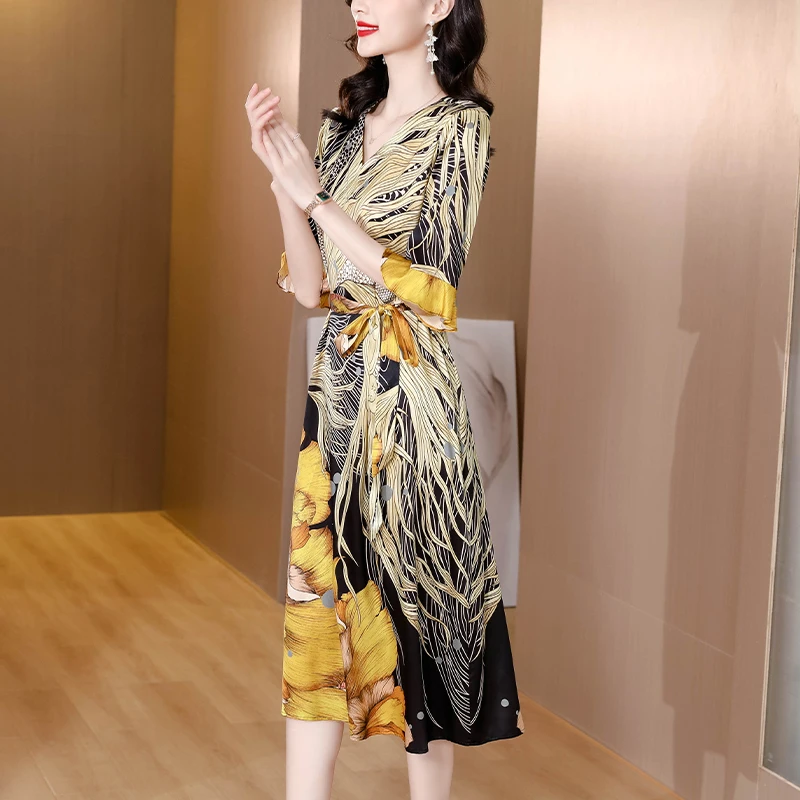 2023 New Elegant Silk Printed Dress Women's Spring Versatile V-neck 5/4 Sleeve Loose Fit Casual Holiday Dress Vestidos