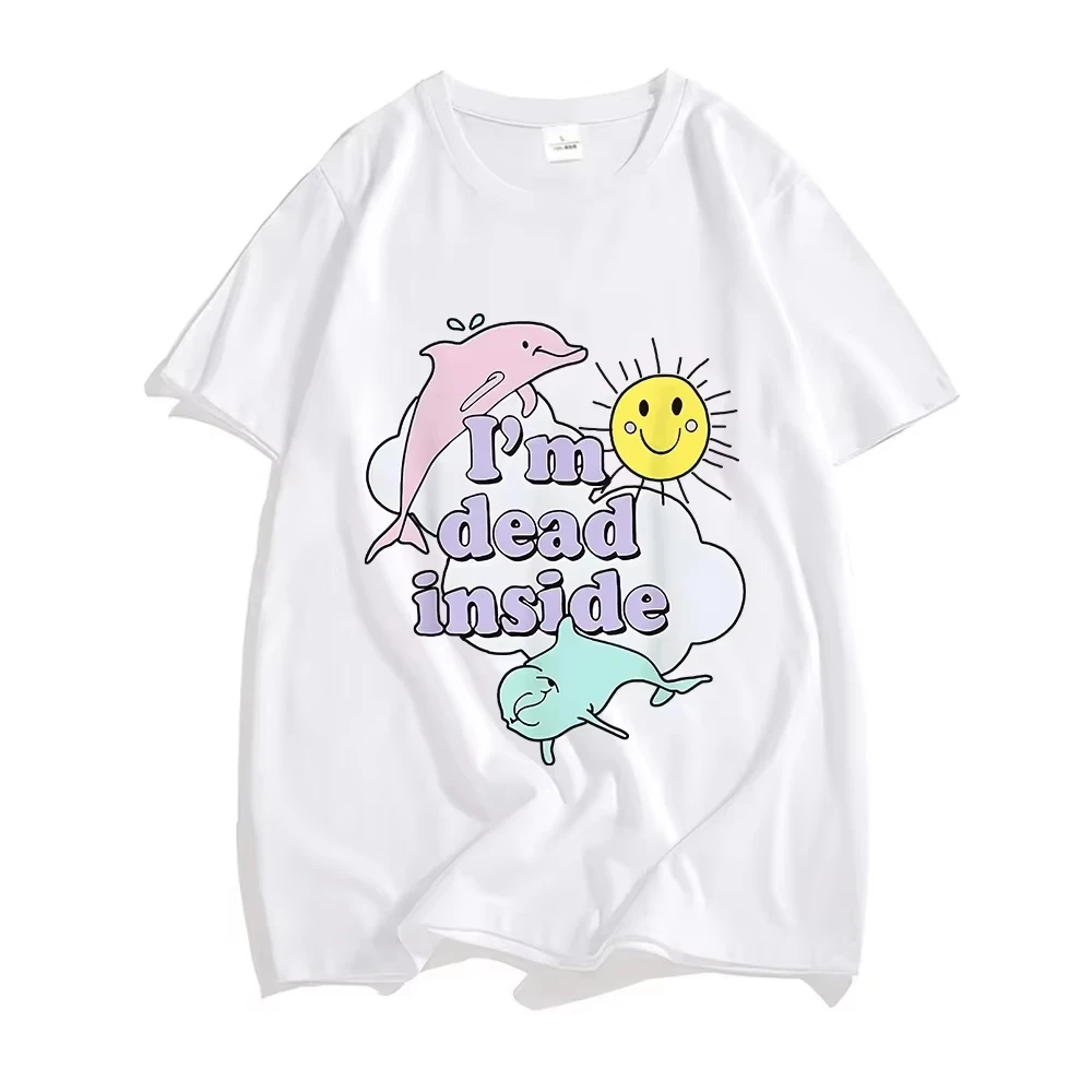 I'm Dead Inside Dolphin T-shirt Men Women Cotton Trendy Couples Loose Casual Graphic Print Short Sleeve Crew Neck Hipster Top
