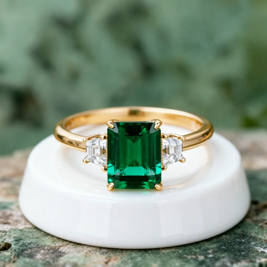 

Женское Обручальное кольцо с изумрудом, под золото 14 к, 6 х8 мм