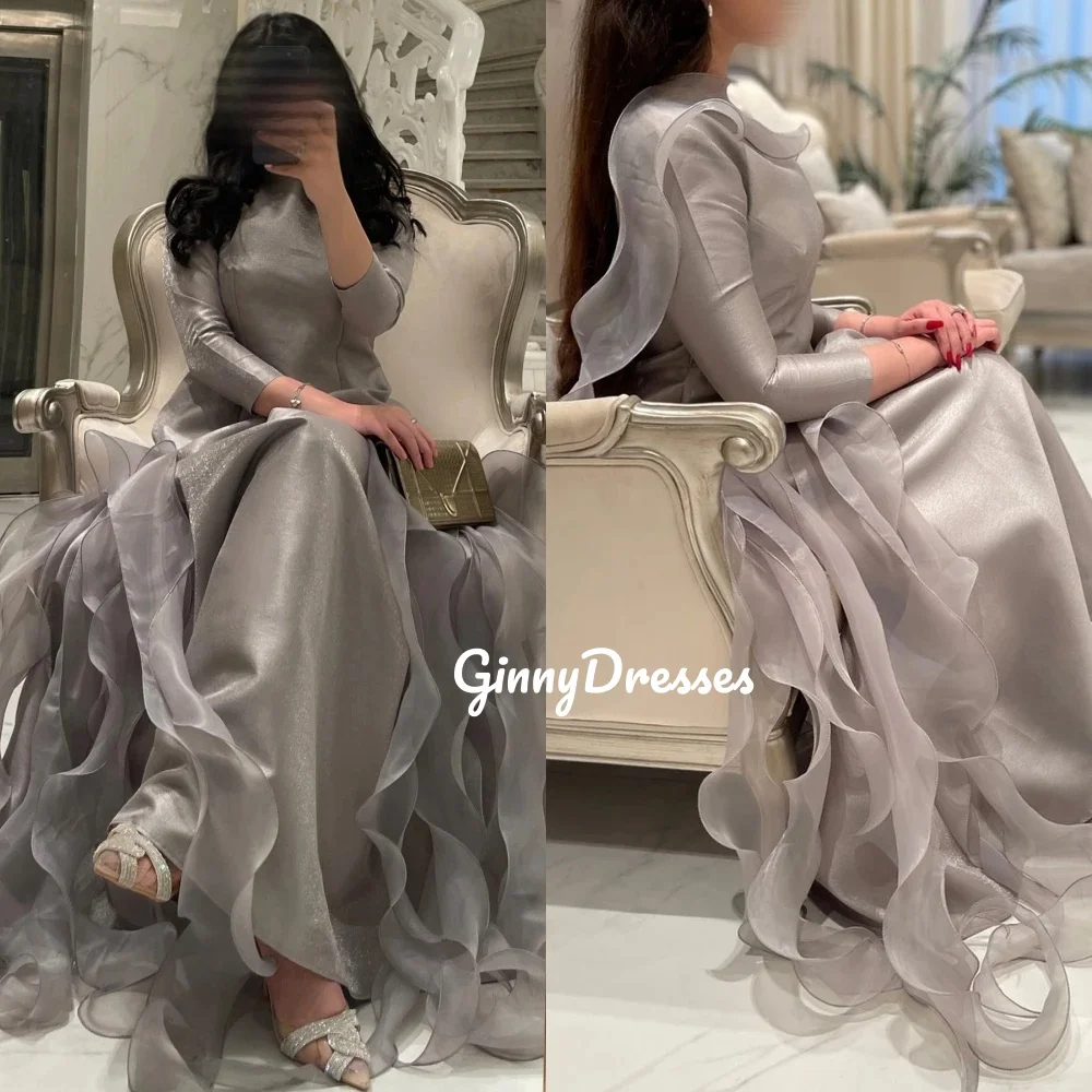 

Customized Evening Dress Woman Scoop Neckline A-Line Flowers Ruffle Prom Dresses Satin Floor-Length Zipper Up Long Sleeves Linin