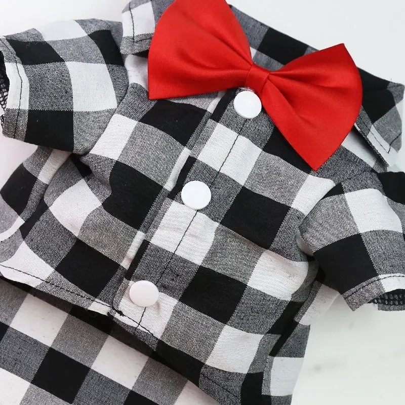 Small Pet Dog Plaid Shirt with Bow Tie Teddy Pomeranian Chihuahua Puppy Suit Wedding Party Formal Dress Dog Groomsman Clothes