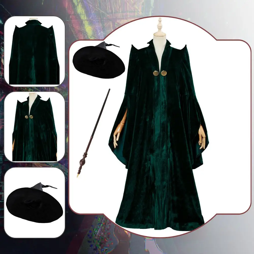 Professor Minerva McGonagall Cosplay Fantasia Costume Disguise Adult Women Dress Robe Magic Wands Hat Halloween Carnival Suit