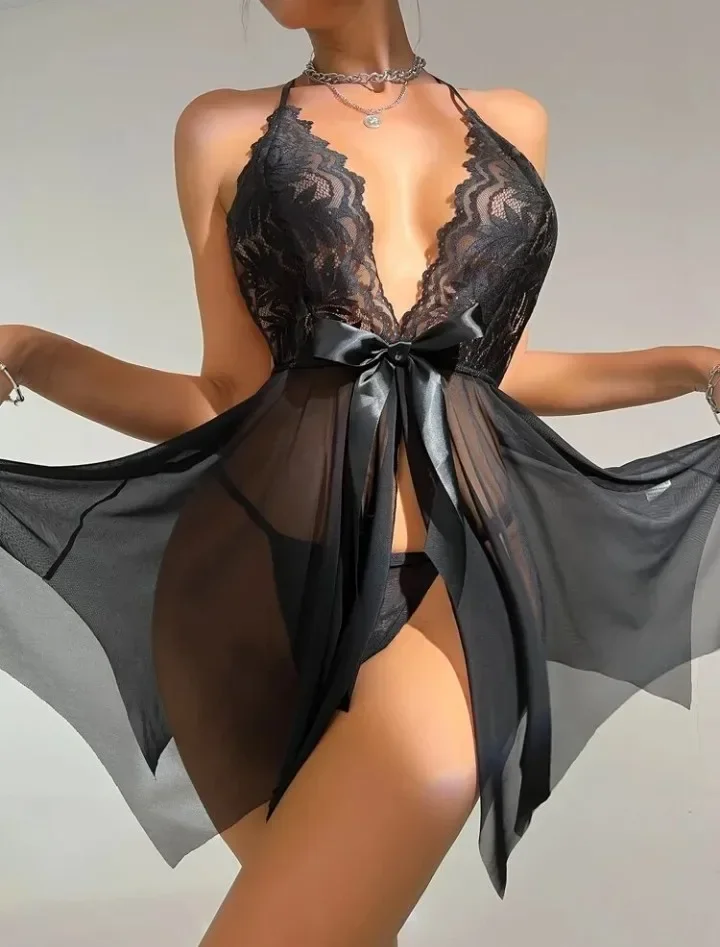 Lingerie sexy per donna Intimo trasparente Porno Sex Teddy Costumi Babydoll Abito in pizzo Camicia da notte Crotchless Sleepwear