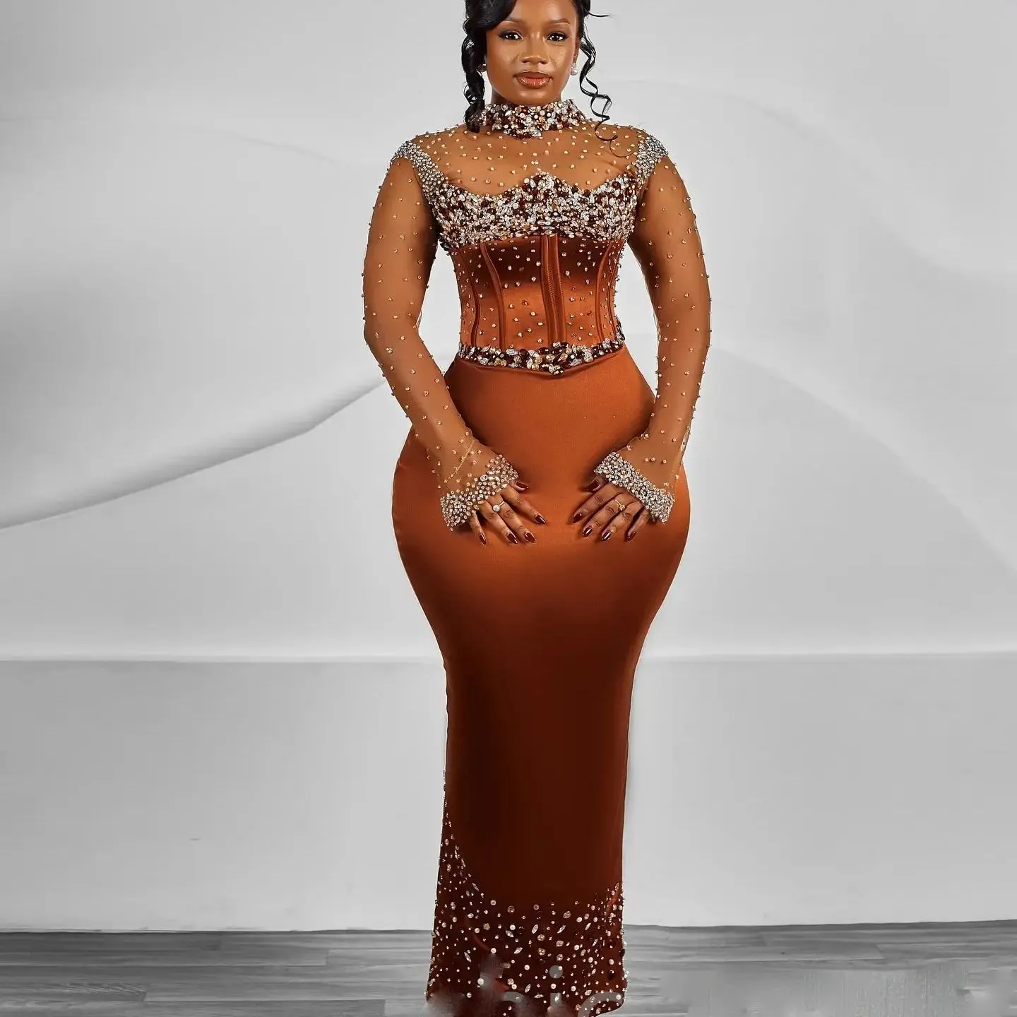 

2025 длинные рукава, сожженные оранжевые вечерние платья с бисером, элегантные платья для выпускного вечера Asoebi, вечернее платье на заказ, иллюзии