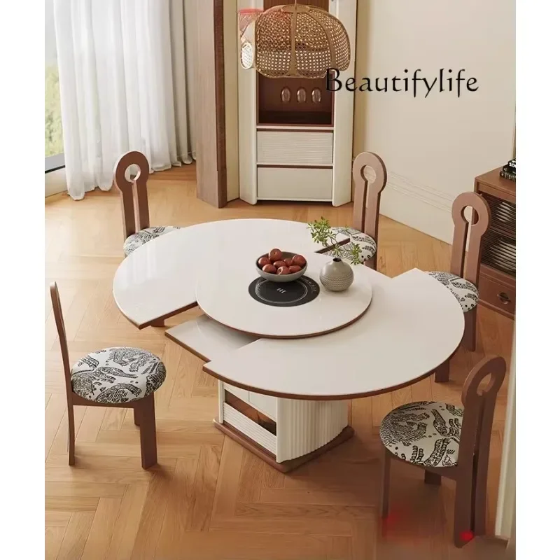 

Retractable deformable round table with induction cooker hot pot integrated medium and ancient rock slab dining table
