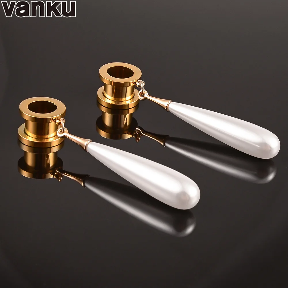 Vanku 2pcs New Water Drop Pearl Dangle Ear Plugs Tunnel Stainless Steel Expander Body Piercing Jewelry Fashion Ear guages