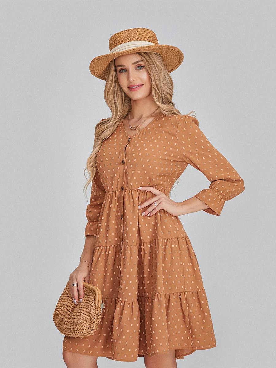 Women s Summer A-Line Dress Swiss Dot Long Sleeve V-Neck Front Button High Waist Knee Length Dress