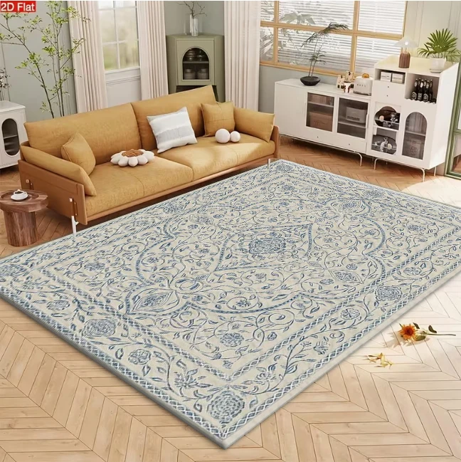 Light Blue Vintage Square Rug Delicate Scroll Floral Medallion Non-Slip Floor Mat for Living Room Bedroom Soft Home Decor