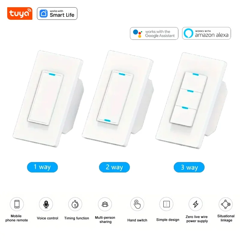 Tuya WiFi Smart Light Switch,Need Neutral Wire,110-240V,1/2/3 Way Control Panel,Work With Smart Life&Tuya App,Alexa & Google