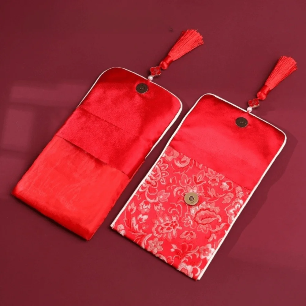 

New Year Blessing Words Brocade Red Envelope Tassel Spring Festival Money Pocket Flowers Best Wishes New Year Money Bag