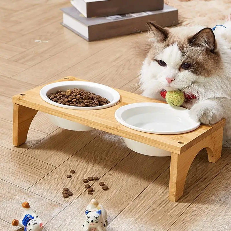 وعاء طعام للكلاب مرفوع بقاعدة خشبية محطة تغذية صديقة للانزلاق للقطط الصغيرة والمتوسطة والكبيرة