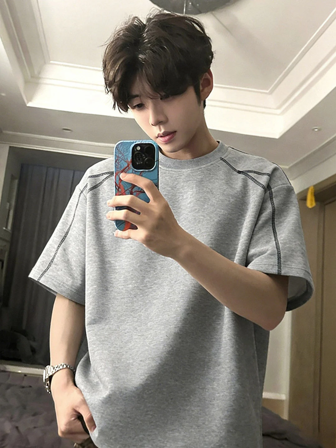 American Style Light Grey Heavyweight round Neck T-Shirt Men's Summer Edition Contrast Stitch Deconstructed Short Sleeve Clea...
