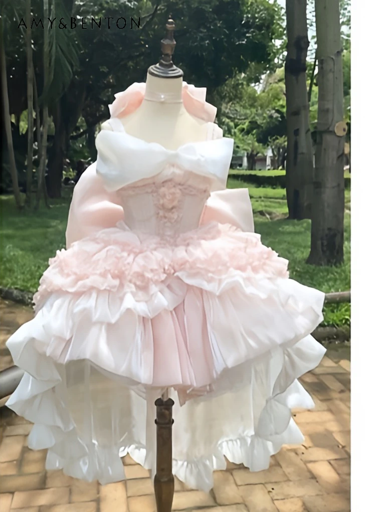 Elegant Princess Lolita Dress French Graceful Pink Strapless Dress for Women Summer Retro Three-Dimensional Flower Mini Dress