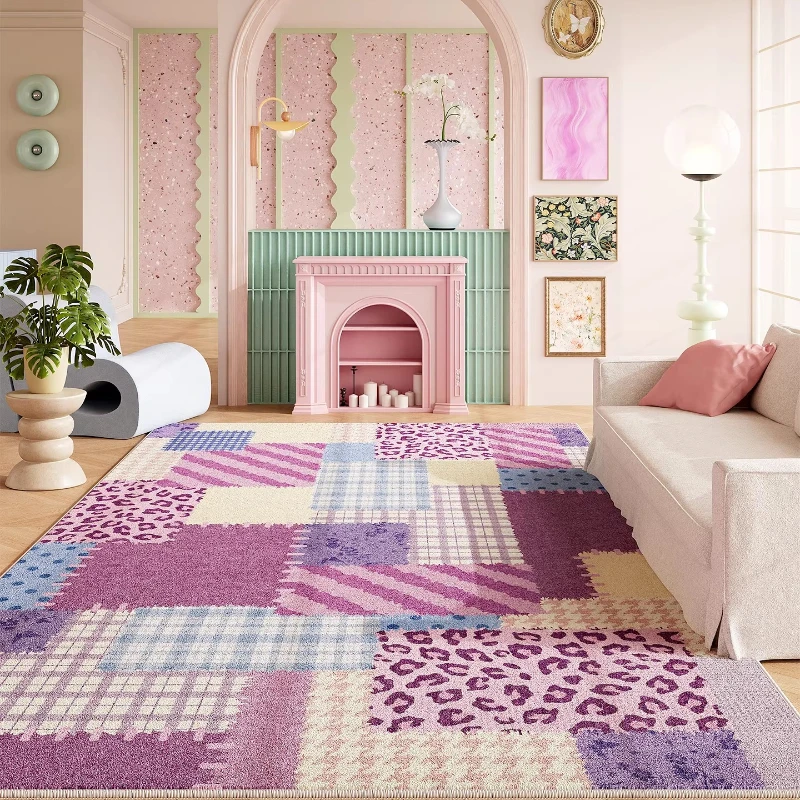 Girly Style Carpets for Living Room Striped Grid Bedroom Decor Carpet Fluffy Soft Green Plaid Rug Home Thicken Plush Floor Mat
