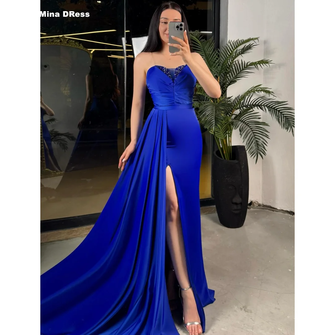 

Mina Customized Blue Luxury Party Dress Backless Elegant Party Dresses for Special Occasions Sequins Sleeveless Split Tail Prom