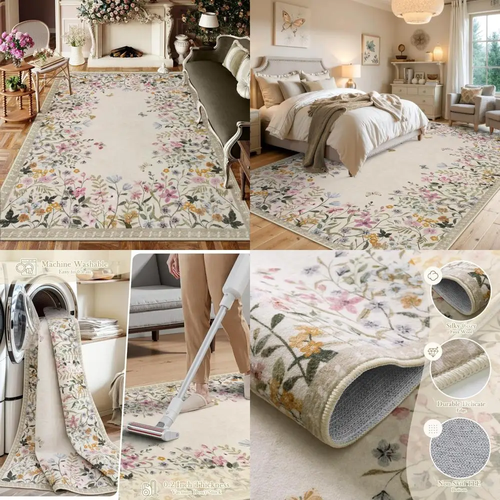 

Floral 8x10 Washable Rug, Non-Slip Soft Area Rug for Living Room, Ultra-Thin Bedroom Floor Covering