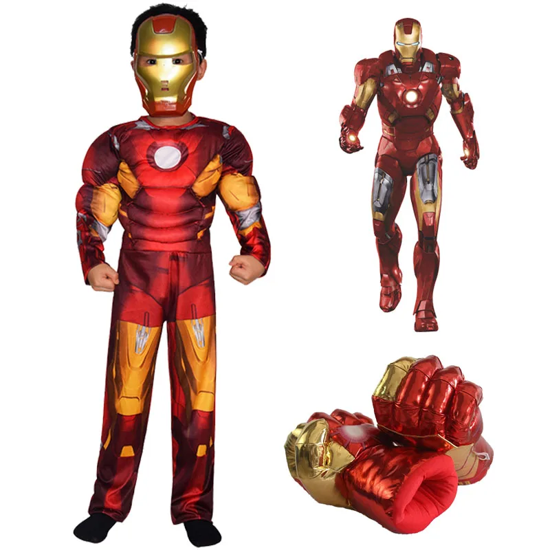 Iron Man Muscle Costume for Kids Superhero Iron Man Cosplay Costume Jumpsuit Zentai Mask Gloves Halloween Party Costume Childr