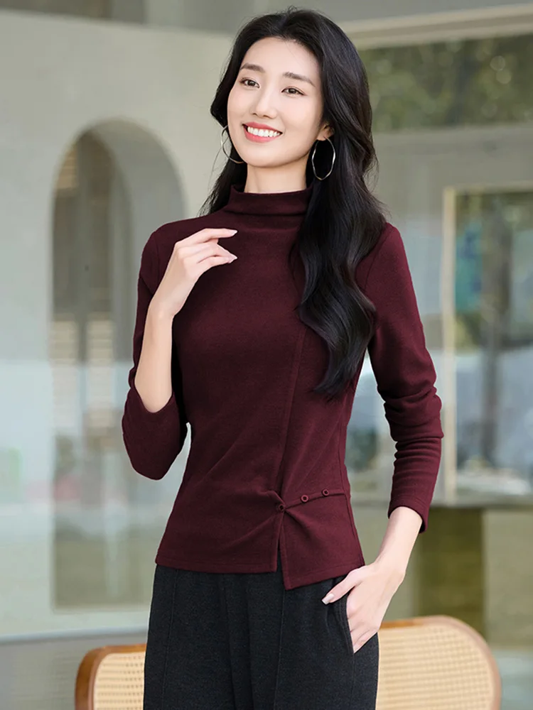 신상품 여성용 심플함 베이직 티셔츠 가을 겨울 패션 하프 하이 칼라 긴팔 웜 티셔츠 캐주얼 데일리 티셔츠 여성용