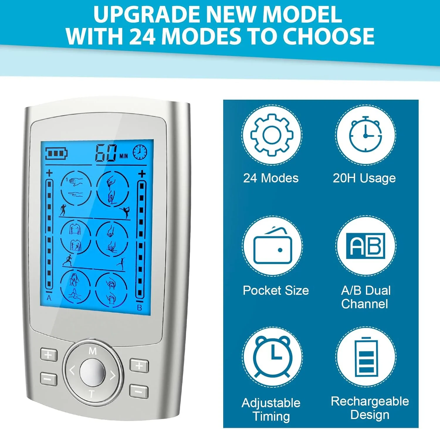 TENS EMS Unit 24 Modes Muscle Stimulator for Pain Relief Rechargeable TENS Machine Massager Physical therapy 10 Pads ABS Pads