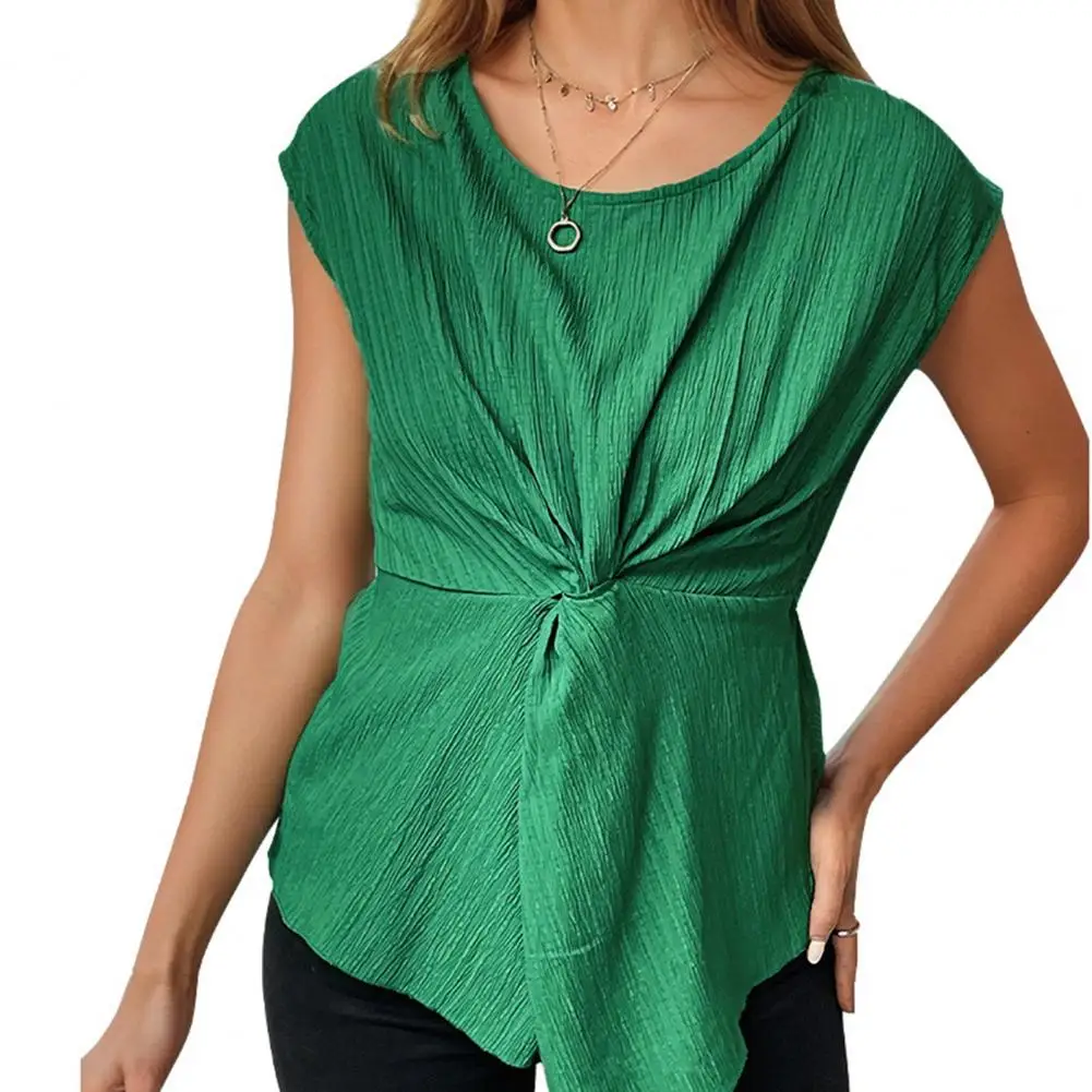 Camisa elegante con nudo retorcido para mujer, Top de manga corta con cuello redondo, Color sólido, Top holgado para primavera y verano