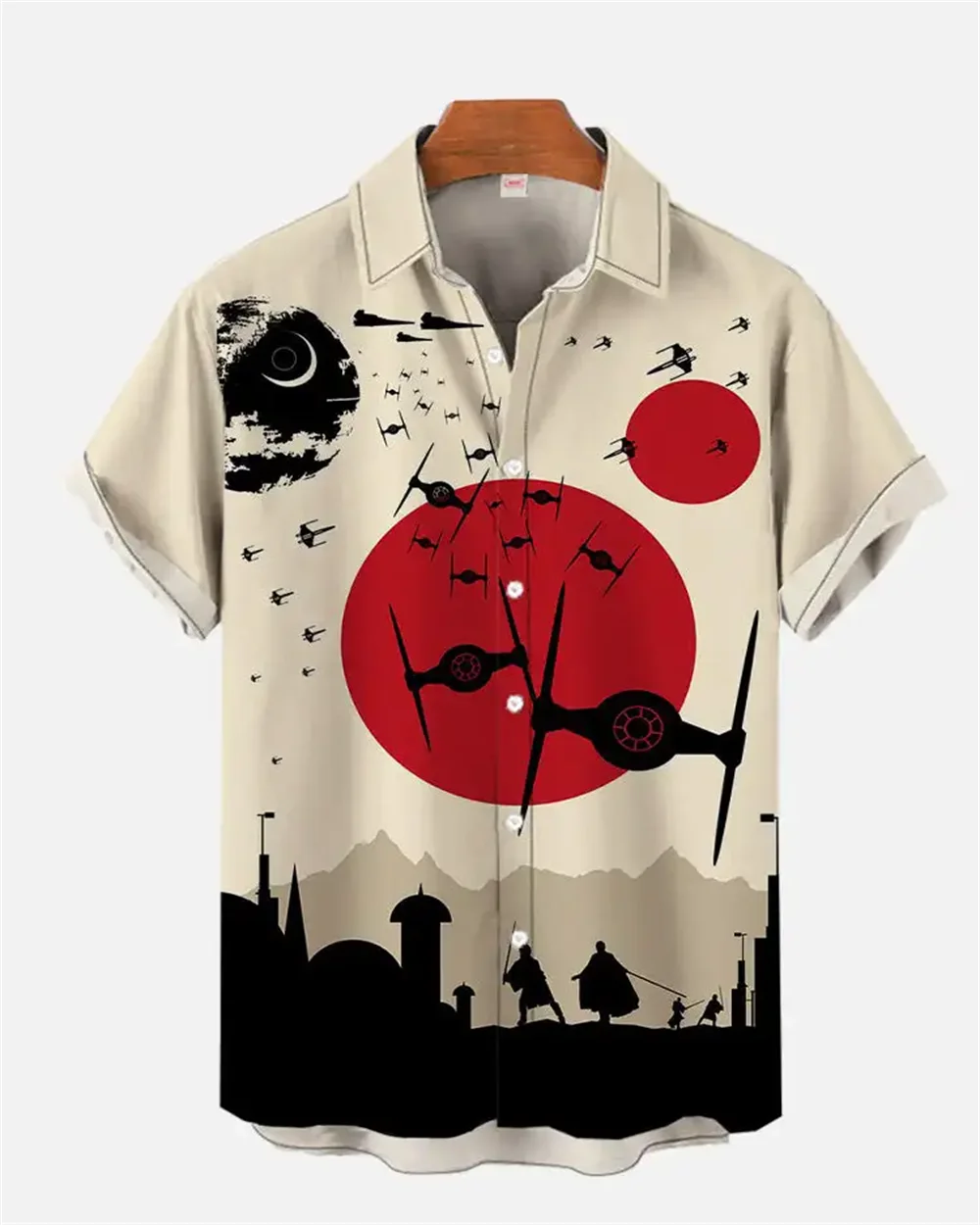 Space War Spaceship and Warrior Red Sun silhouette Short sleeved shirt Comfortable and fashionable men's shirt oversized design