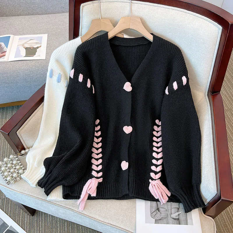 Autumn And Winter New Braided binding Color Matching Button Knitted Cardigan Women Kawaii Long-sleeved Sweater All-match clothes