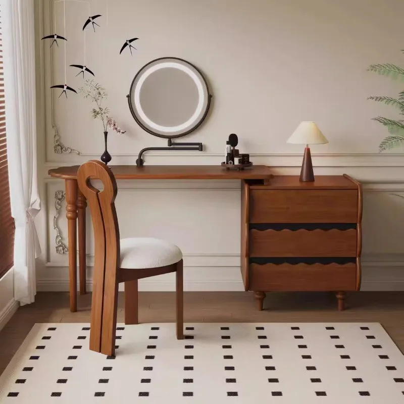 Vintage Solid Wood Extendable Dressing Table for Small Spaces French Retro Corner Desk with Storage Chest and Makeup Table