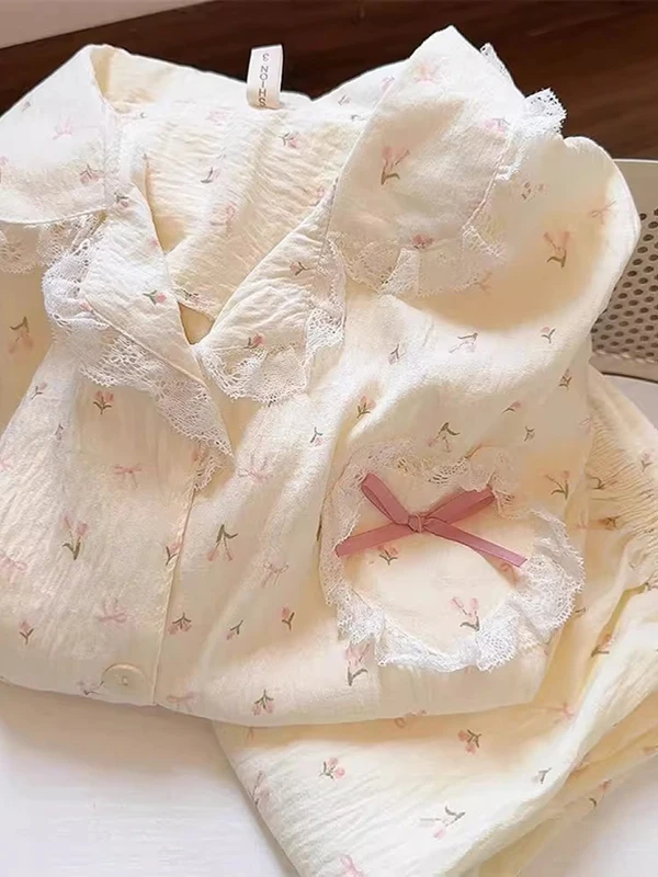 Plus Size Spwear-Set, floraler Spitzenbesatz, lässige Heimkleidung für Teenager-Mädchen, Polyesterfaser, V-Ne-Knopfverschluss, zweiteiliger Anzug