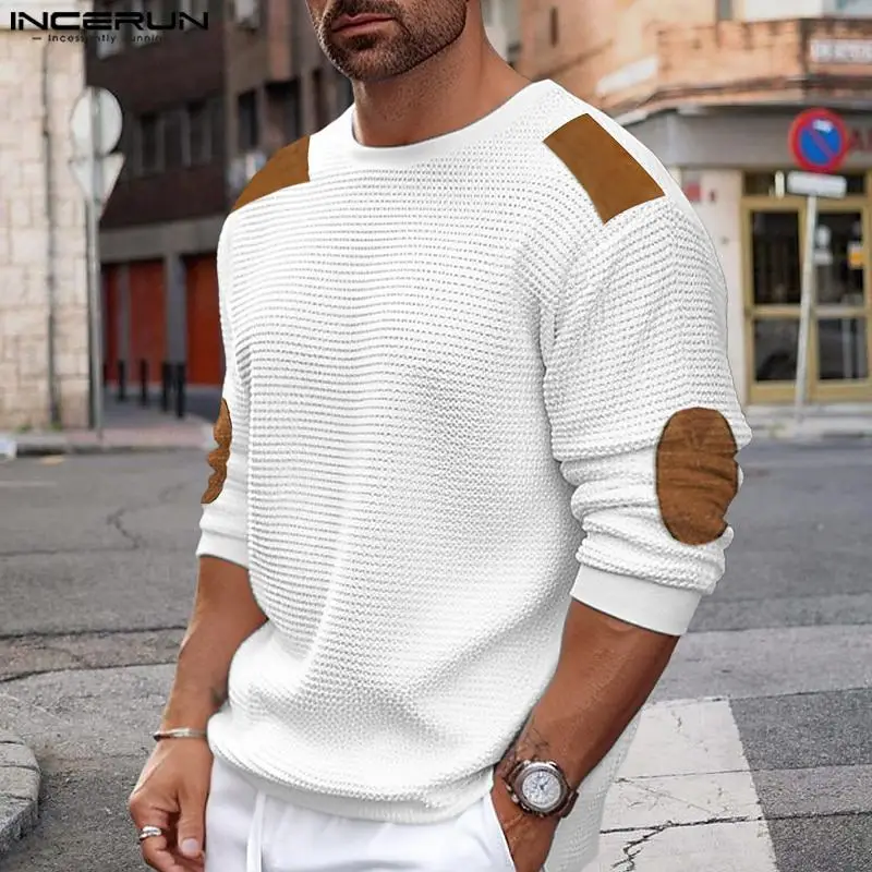 

INCERUN Tops 2023 American Style Aautumn Winter Men Fashion Simple Sweater Casual Solid Patch O-neck Long Sleeved Pullover S-5XL