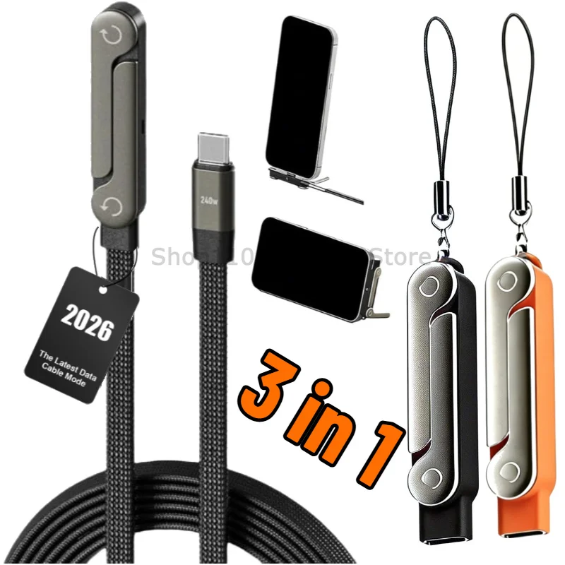 240W 3 in 1 Cable Foldable Bracket Data Cable USB-C To Type-C Fast Charging Desk Holder Cord for Huawei Xiaomi17 16 Samsung