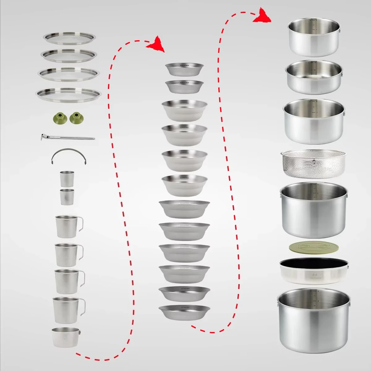 Korean Style Stainless Steel Camping Cookware Set Professional Nesting Pots Pans Plates Cups Full Mess Kit for Family Picnic